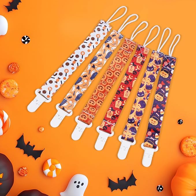Baby Pacifier Clip,Paci Leash Binky Clips for Baby Boys and Girls,Newborn Essentials,Pack of 6 Gift Set. (Halloween)