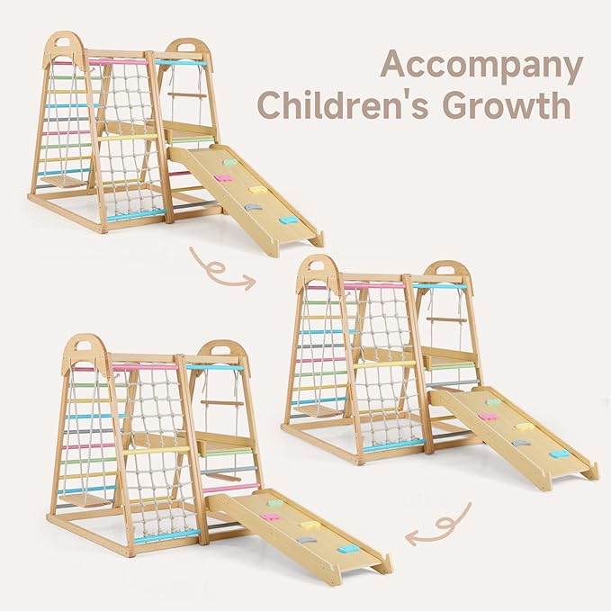 OLAKIDS Indoor Jungle Gym, 8 in 1 Wooden Montessori Toddler Climbing Toys with Adjustable Ramp Swing Slide, Monkey Bar Rope Ladder Waiting Area (Colorful)