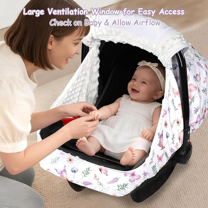 Baby Car Seat Cover, Pea Pod Universal Infant Car Seat Cover with Sunshade & Mesh Windows - Breathable Minky Lined Canopy Cover for Stroller- Soft Butterfly Carseat cover for Newborns