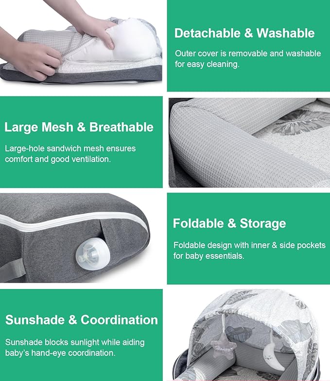 Baby Lounger, Portable Foldable Travel Lounger for Newborn 0-12 Month, Washable Lightweight Infant Nest with Canopy, Soft Breathable Baby Nest with Adorable Pattern, Home & Outdoor Use