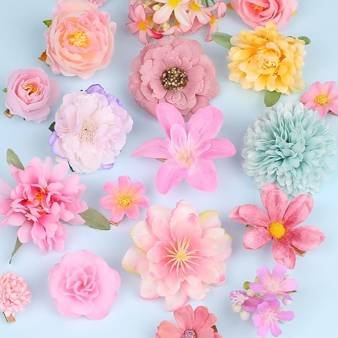 20 Pack Flower Hair Clip Rose Hair Clips Barrettes for Women Flower Accessories Boho Bride Claw Clip Hairpin Brooch Pin Headpiece for Girls Wedding (Pink)