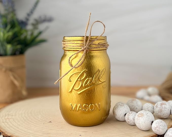 VivasFlowerShop Painted Mason Jar Centerpieces for Tables, Pint Mason Jars for Centerpieces, Small Mason Jar Pen Holder, Mason Jar Decor, Pint Size, Mason Jars for Table Centerpieces (Gold)