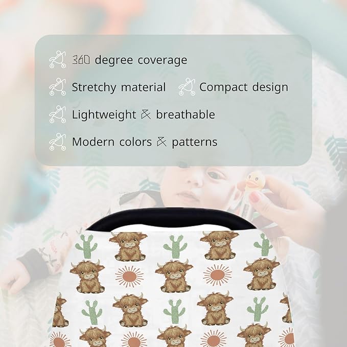 HawSkgFub Boho Highland Cow Cactus Sun 5-in-1 Car Seat Cover for Baby Girl Gift, Brown Bohemia Western Privacy Breastfeeding Nursing Cover, Newborn Infant Multi-use Carseat Canopy Carrier