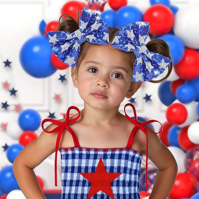 4th of July Hair Bows Clips Sparkly Cheer Sequins Bow Alligator Clips Hair Barrettes Kids Patriotic Bows for Girls Hair Accessories Star 2 Pcs
