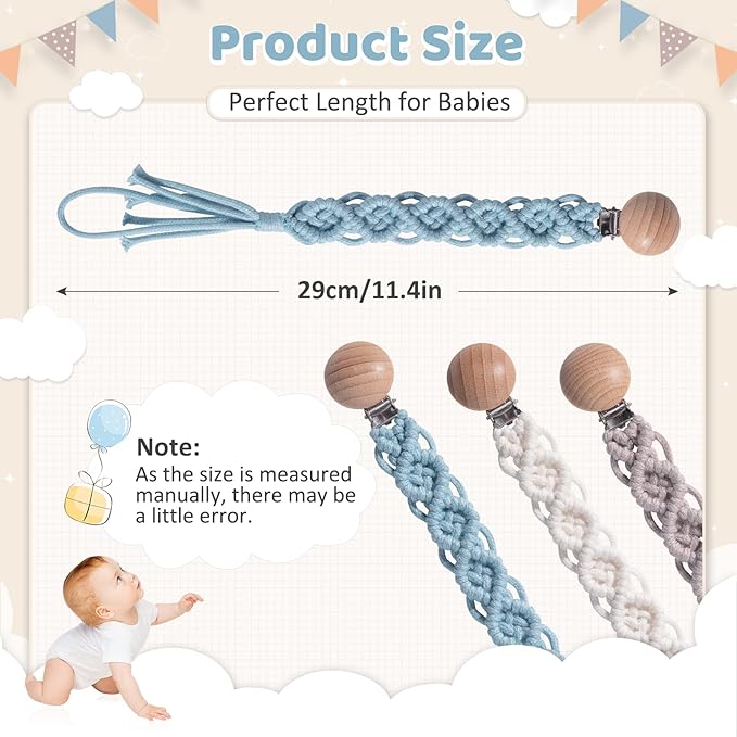 Boho Pacifier Clip for Boys Girls Pacifier Holder Leash Wooden Clips Handmade Braided Cotton Unisex Baby Shower Birthday Gift Christmas Gift