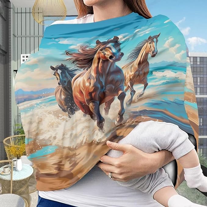 ZFRXIGN Horse Nursing Covers for Breastfeeding and Car Seat Baby Car Seat Covers, Infant Stroller Cover, Carseat Canopy Carseat Cover Girls Blue Beach Sky