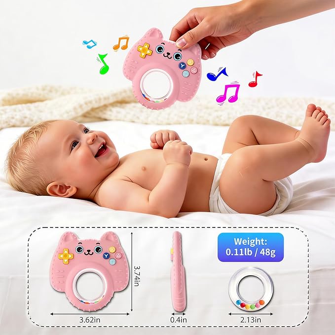 Baby Teether Toy Silicone Cat Teething Ring -Game Controller, Baby Rattle Toy Chew Sensory Toys for Babies Over 3 Months, Teething Relief for Newborn Infant Essentials 0-6 6-12 Months, BPA Free -Pink