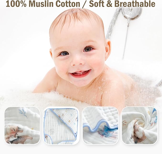 Hooded Baby Bath Towels 2 Pack 32x32 Inch, 100% Cotton Soft & Highly Absorbent, Blue Castle & Baby Dragon Design, Baby Towel Set with Wash Mitts, Gentle for Newborn, Infant & Toddler