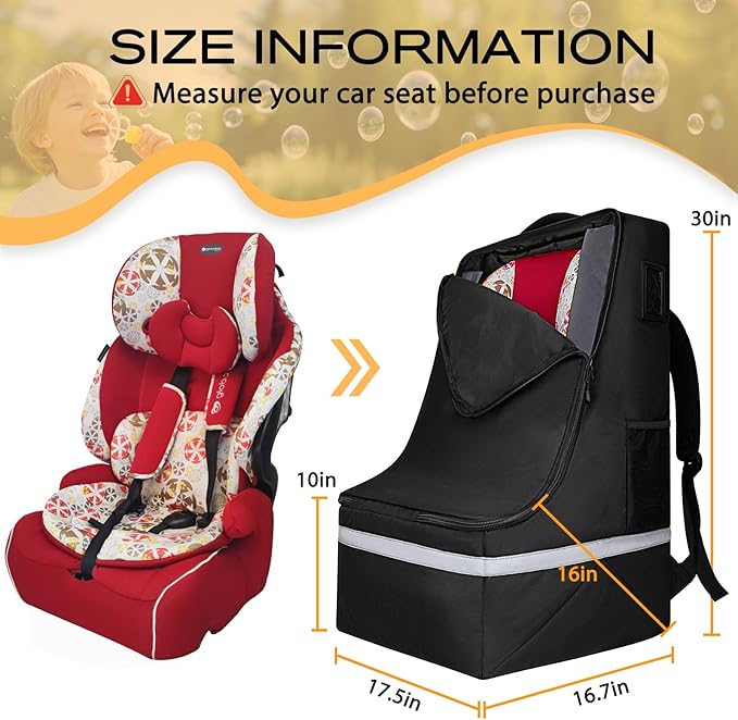 LARIPOP Car Seat Travel Bag for Airplane, Universal Gate Check Car Seat Bag, Padded Backpack with Waist Belt, Reflective Strips & Protective Feet, Fits Infant Convertible Booster Seats, Black