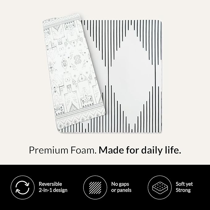 Wander & Roam Premium Reversible Play Mat - Soft Foam Child & Parent - Neutral Tribal + Mecca Design - Water Resistant, Easy to Clean, Non-Toxic - Black & White, 3+ Years
