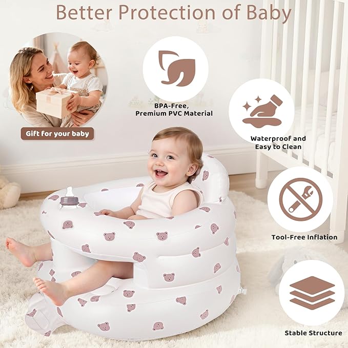 Inflatable Baby Seat for 3-36 Months, Baby Seats for Infants for Sitting Up with Back Support Built in Air Pump, Surround Sit Me Up Floor Seat for Baby Chair for Learning Sit, Feeding (Bear)