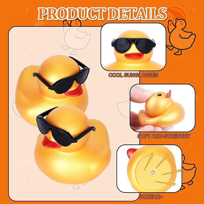 12 Pcs Mini Gold Rubber Ducks with Black Sunglasses, Squeaky Car Decor, Party Decor,Rubber Ducks Bulk, Lucky Ducks for Birthday Gift