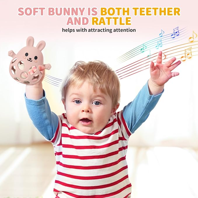 Orzbow Bunny Teether for Baby, Easter Teether with 2 in 1 Rattle & Teething, Easy Grasp Teething Mittens for Babies 3-12 Months, Food Grade Silicone, Newborn Infant Easter Basket Stuffers Gifts, Pink