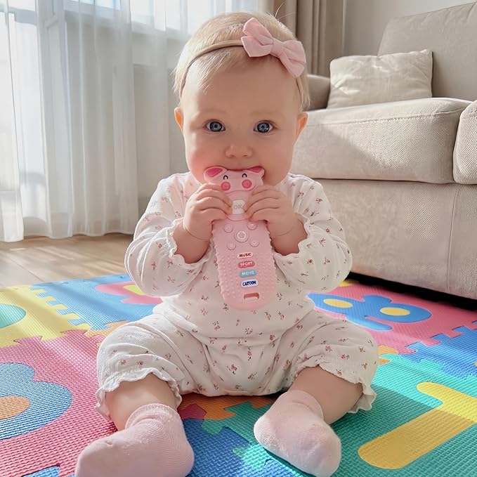 2Pcs Baby Teething Toys, BPA-Free Food Grade Silicone Baby Remote Control Teething Toy for 3-18 Months, Baby Remote Teether, Newborn Teething Relief TV Remote Pig Shaped Toy (Pig Black&Pink)