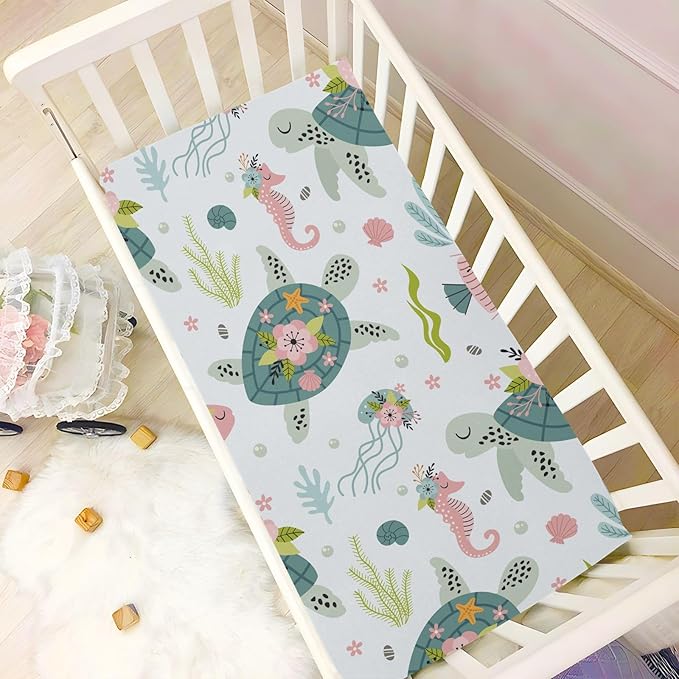 Fitted Crib Sheets Turtle Sea Horse Stretchy Portable Playard Sheets for Baby Toddler, Breathable Soft Mini Crib Mattress 52 x 28 in for Boys and Girls