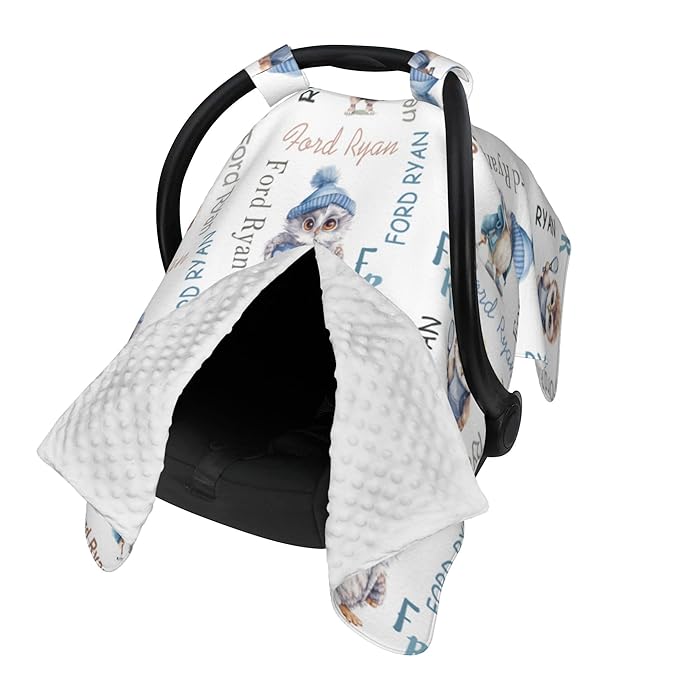 Personalized Baby Car Seat Canopy Minky Owl Baby Blanket Custom Name Baby Car Seat Cover Girls Boys Infant Newborn Carseat Canopy Nursing Cover for Stroller Car Seat Canopies