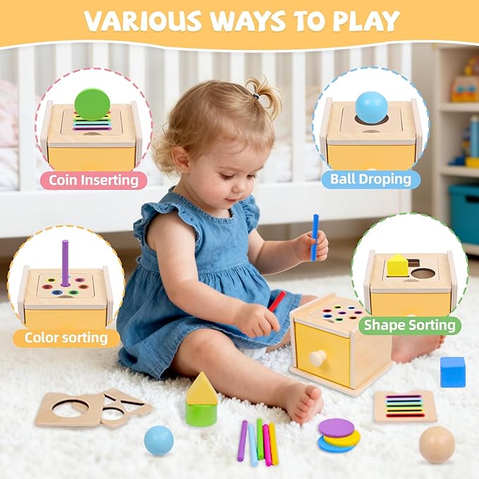 YHHYTOY Montessori Toys for 1+ Year Old, 4 in 1 Object Permanence Coin Box, Ball Drop Color Sorting Sensory Fine Motor Skills Toys Shape Sorter for Toddlers 1-3, Gifts for 1 2 3 Year Old Girls Boys