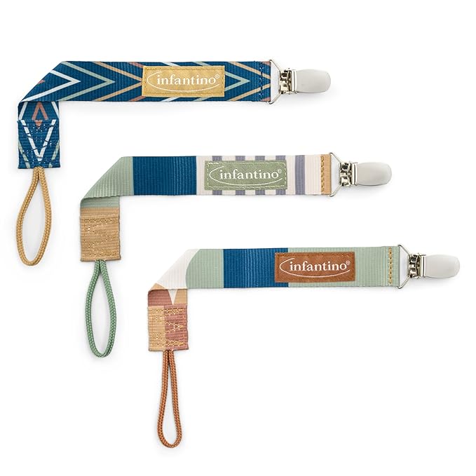 Infantino 3-Pack Pacifier Clip Holders, Universal Fit, Gentle on Clothes, Keeps Pacifiers Clean & Close, Ages 0-36 Months, Geometric Blue