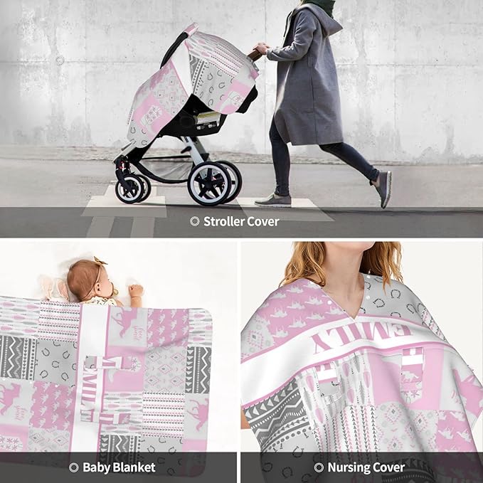 Personalized Baby Car Seat Canopy for Babies with Name, Custom Car Seat Covers for Girls, Infant Opening Minky Nursing Breastfeeding Stroller Cover Carseat Canopies for Newborn (Horse Pink)