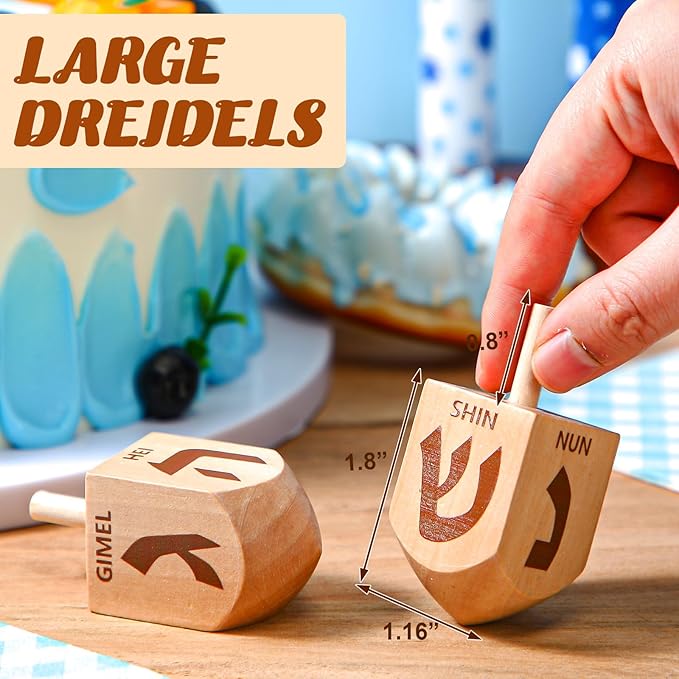 Wonderjune 2 Pcs Hanukkah Dreidels Extra Large Wooden Dreidel for Hanukkah Decoration with English Transliteration, Forever Spinning Tops Party Favors(Simple)