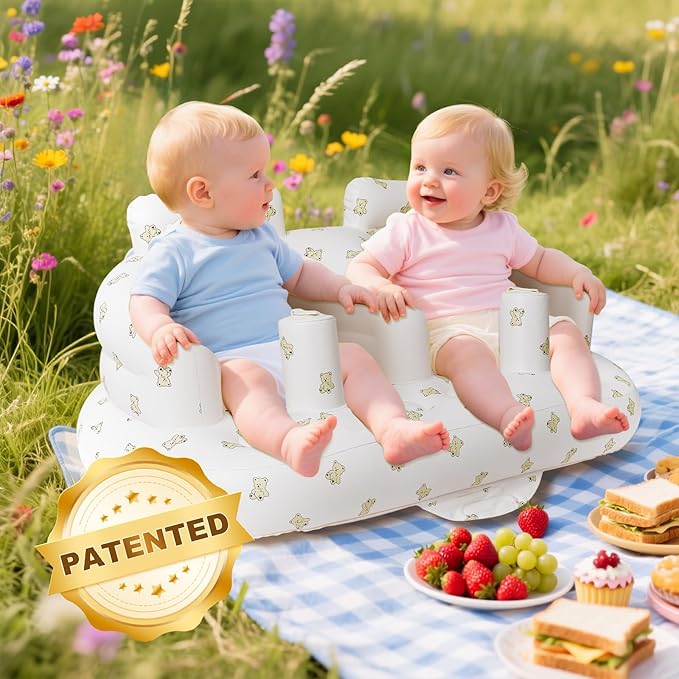EKEPE Baby Inflatable Seat for Twins Babies 3 Month and Up, Side-by-Side Double Inflatable Floor Chair for Sitting Up with Built in Air Pump, Blow Up Baby Chair for Infants - Twins Bear