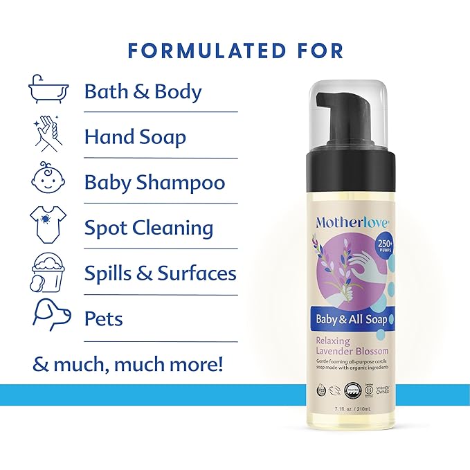 Motherlove Baby & All Soap (32 oz) Gentle Foaming All-Purpose Castile Soap Made with Organic Ingredients – Relaxing Lavender Blossom (Pack of 2)