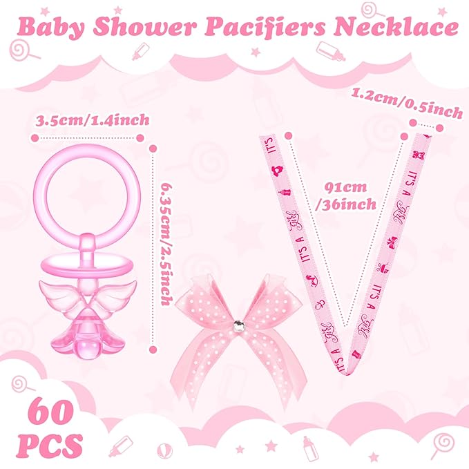 Tondiamo 60 Pcs Baby Shower Pacifier Necklace for Chupones para Baby Shower Game Party Favor Acrylic Angel Pacifier Charm for Girl Boy Guest Gender Reveal Party Decoration Table Scatter(Pink)