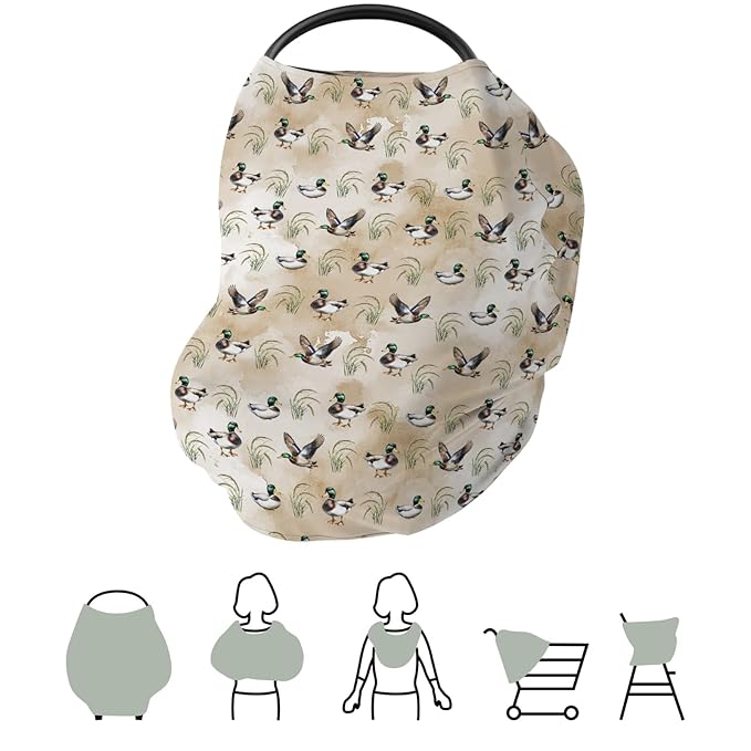 Vintage Mallard Duck Baby Car Seat Covers Green Ducks Lake Stretchy 5-in-1 Cover Adjustable Infant Carseat Cover Canopy Hunting Ducks Breathable Nursing Cover-Up
