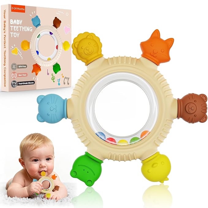 Baby Teething Toys for 3-6 6-12 Months, BPA Free Silicone Teething Rings Toys, Baby Teether Relief Chew Toy with Rattle, Sensory Toy for Infant Newborn, Babies Essential for Boys Girls 0-24 Months