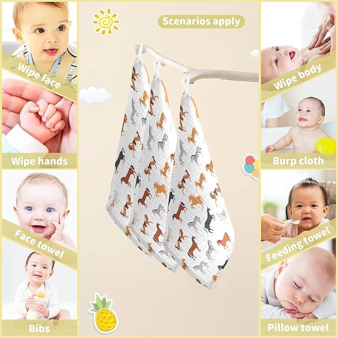 Vvfelixl Baby Washcloths Cotton Animal Print Muslin Washcloths Soft Baby Face Towel for Newborn Infants, 11.8 X 11.8 Inch, 3 Pack