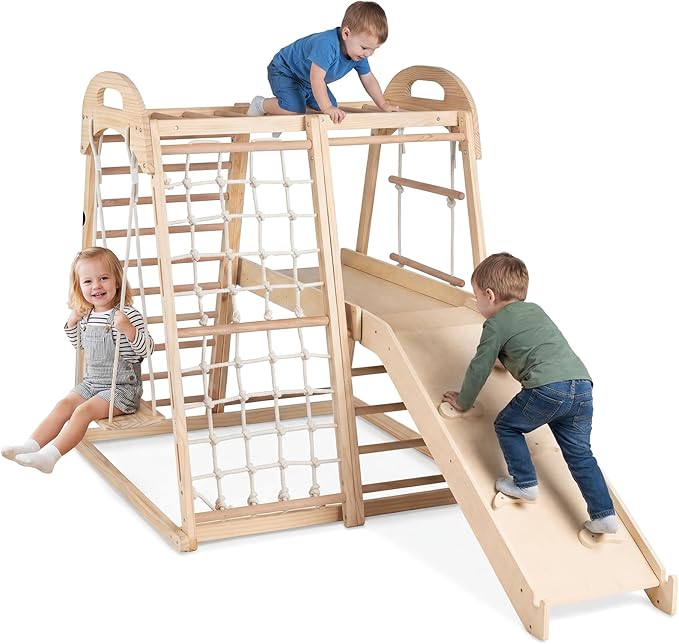 OLAKIDS Indoor Jungle Gym, 8 in 1 Wooden Montessori Toddler Climbing Toys with Adjustable Ramp Swing Slide, Monkey Bar Rope Ladder Waiting Area (Natural)