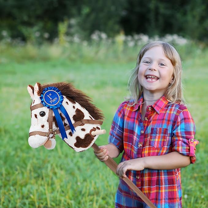 HollyHOME Stick Horse Plush with Detachable Blue Ribbon Champion Hobby Horse on Stick with Wood Wheels Real Pony Neighing for Kids Toddlers Appaloosa 36 Inches(AA Batteries Required)