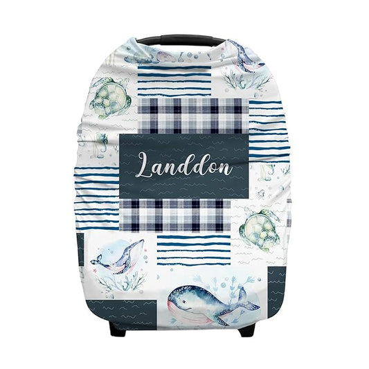 Personalized Baby Car Seat Cover for Boys Girls, Custom Nursing Covers for Breastfeeding with Name, Infant Stroller Cover, Baby Carseat Canopy for Newborn, Multiuse Car Seat Canopies, Ocean and Whale