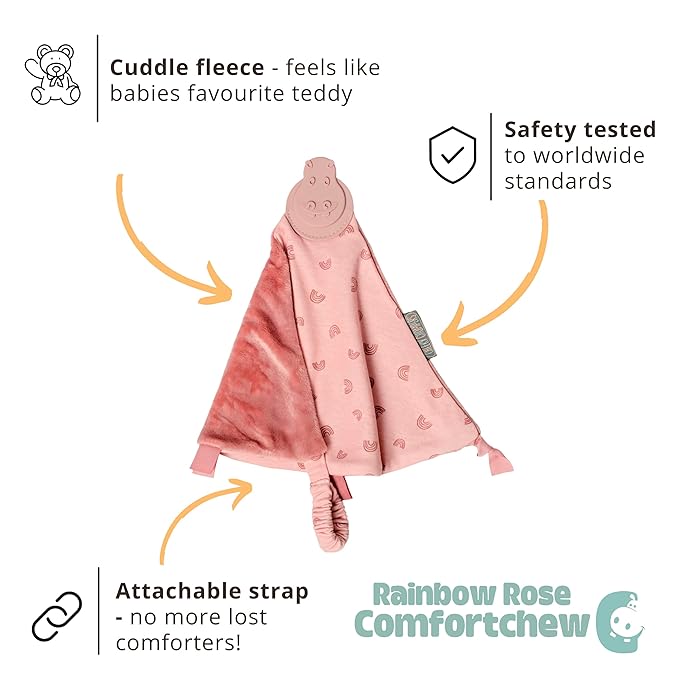 Cheeky Chompers Comfortchew | Baby Lovey with Silicone Teether & Sensory Tags | Soft Fleece Material, Attachable Loop, Machine Washable (Rainbow Rose)