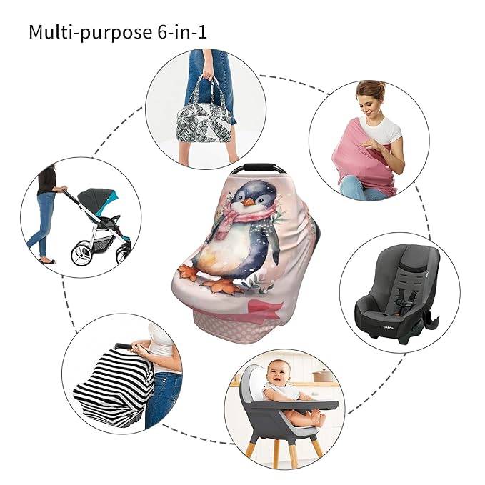 Personalized Penguin Baby Car Seat Cover with Name,Multi-Use Canopy for Nursing, Strollers,Shopping Carts,Customized Breastfeeding Cover, Full Privacy,Infant Stroller Cover