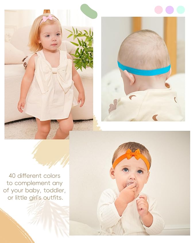 jollybows 40pcs Baby Girls Bows Headbands EXTREMELY MINI Elastic Hairband Ribbon Bow Hair Accessories for Kids Toddlers Infants Newborn