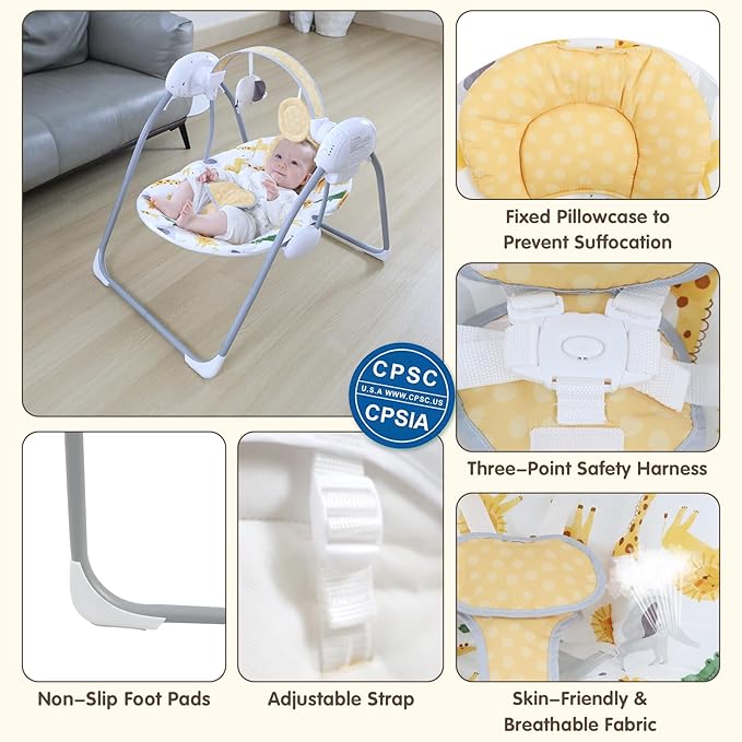 Portable Baby Swing for Infants, Compact & Foldable Infant Swing with 5-Speed Swing,Music, Timer, Cushioned Seat, Battery Operated, 0-9 Months 6-20 lbs,SG2405