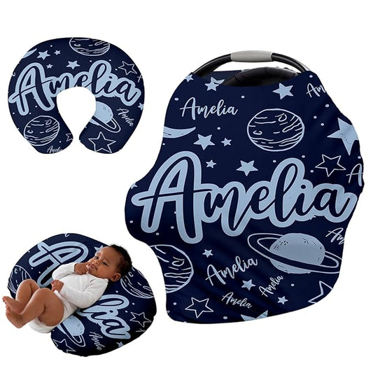 Custom Car Seat Covers for Babies - Breathable Blue Planet Baby Car Seat Cover for Girls Boys, Kick-Proof Newborn Carrier Canopy Stretchy Stroller Cover for 4 Seasons