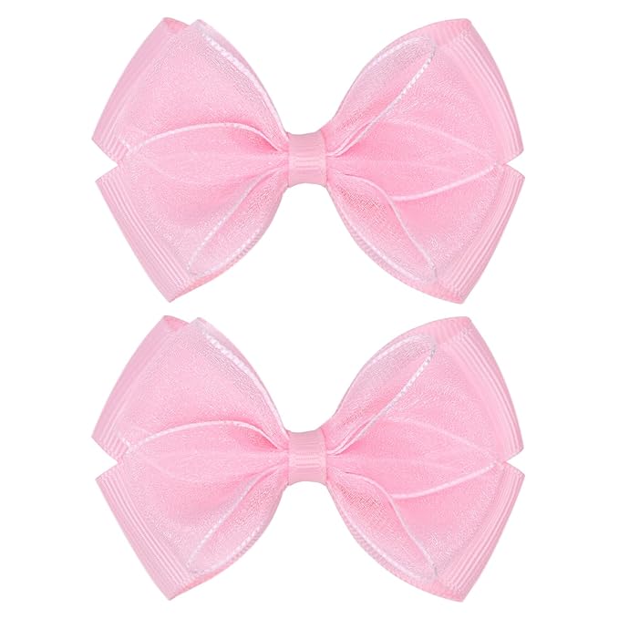 Tiny 3 Inch Organza Double Hair Bow Clips - Lined Boutique Alligator Hairpin for Baby Girls, Toddlers, and Little Teens - Kids Barrettes Set of 2 Small Stylish (Light Pink)
