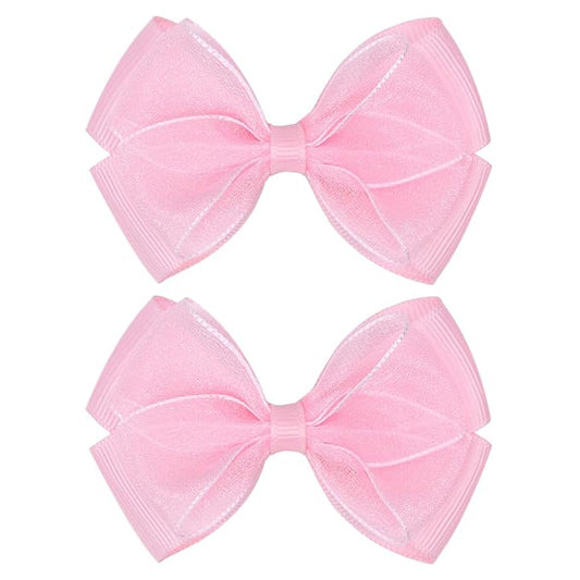 Tiny 3 Inch Organza Double Hair Bow Clips - Lined Boutique Alligator Hairpin for Baby Girls, Toddlers, and Little Teens - Kids Barrettes Set of 2 Small Stylish (Light Pink)