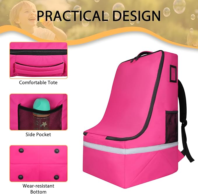 LARIPOP Car Seat Travel Bag for Airplane, Universal Gate Check Car Seat Bag, Padded Backpack with Waist Belt, Reflective Strips & Protective Feet, Fits Infant Convertible Booster Seats, Pink