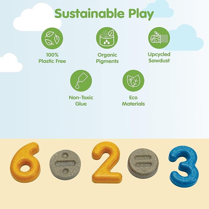 PlanToys® Numbers & Symbols Wooden Learning Set for Kids Ages 3+ | Montessori Educational Resource for Counting, Addition & Subtraction | Eco-Friendly Early Math Toy