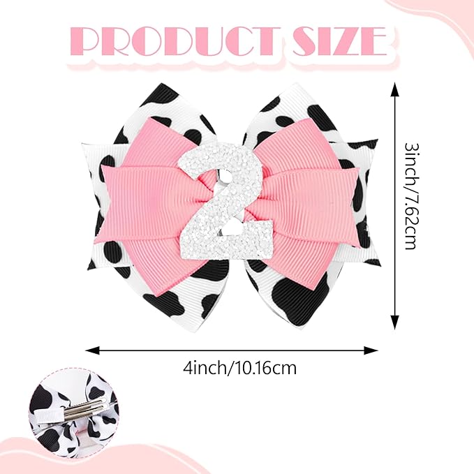 Cow Print Birthday Bow Hair Clip, Pink Farm Animal Theme 2 Year Old Hair Bow Clip Accessory for Toddler Girls Party Baby Shower Decor
