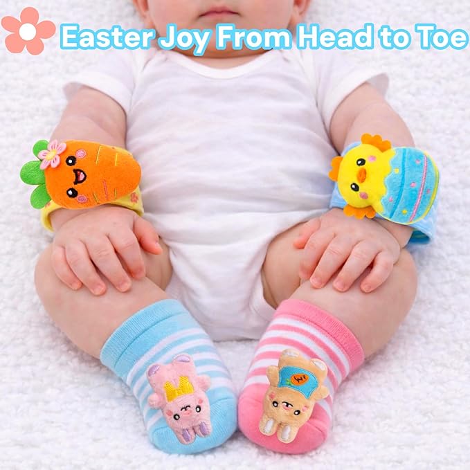 Easter Baby Wrist Rattle Socks and Foot Finder Set, Infant Girl Boy Toys for Babies 0-12 Months, Newborn Baby Shower Gifts Set