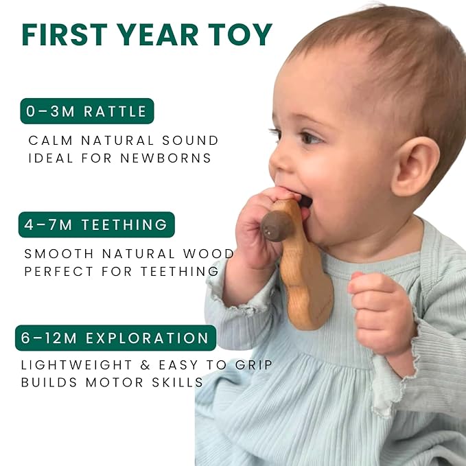 HippoToys Handcrafted Wooden Baby Rattle | Natural Teething Toy | Montessori Sensory Developmental Toy | Non-Toxic Organic Baby Toy | Newborn Infant Baby Boy Girl Gift 0-12 Months