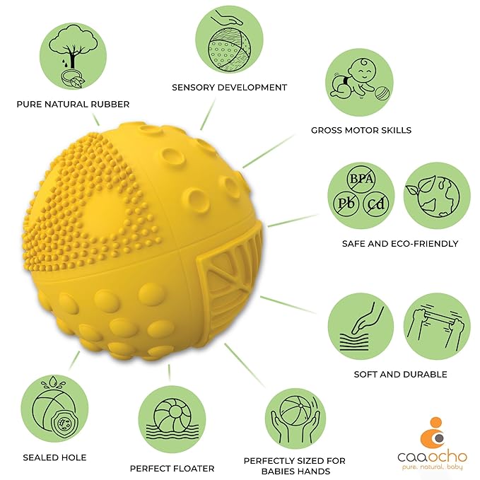 caaocho Pure Natural Rubber Sensory Ball Sunshine 3" - Sealed Hole, BPA Free Baby Ball Toy, for Sensory Play, for Sensory Development, Hole Free Baby Toy, Perfect Bouncer, Without Hole
