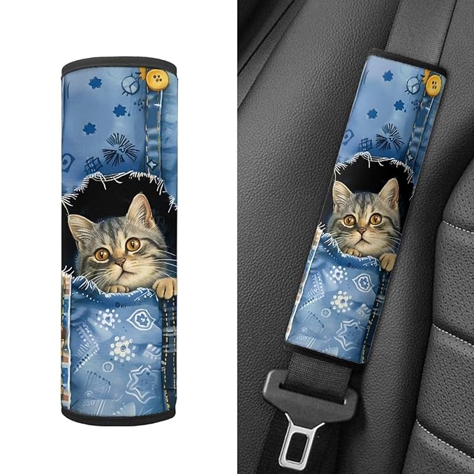 Biyejit 2 Pack Cute Denim Cat Seat Belt Covers for Kids, Soft Seat Belt Cushion for Children, Anti-Slip Design Car Seat Belt Pads Cover for Girls and Boys Car Accessories