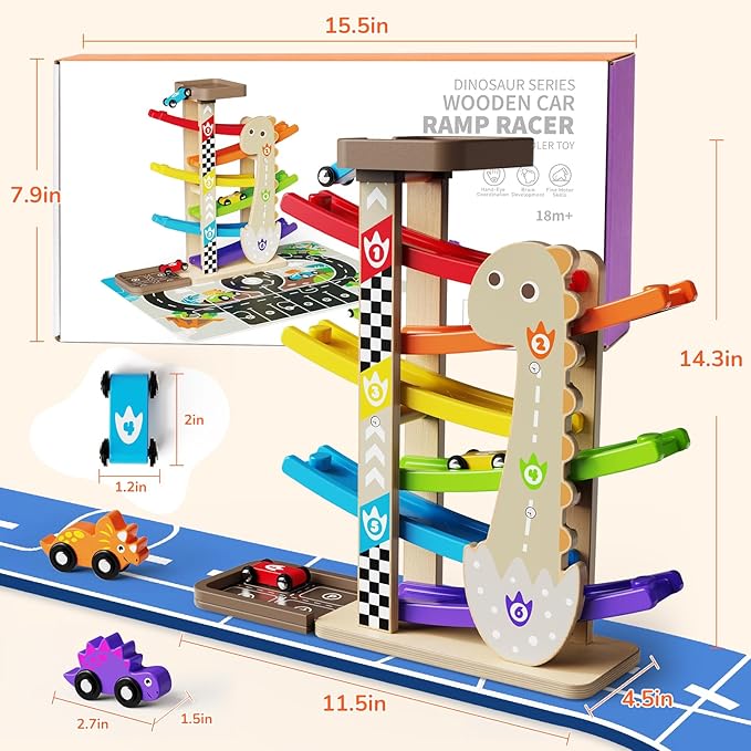 Wooden Car Ramp Set for Toddlers 1-3 Years Old Montessori Race Track Toy with 8 Mini Cars, Garage & Parking Lot, Educational Learning Toys First Birthday Baby Gifts for Boys & Girls 2-4 Year Old Kids