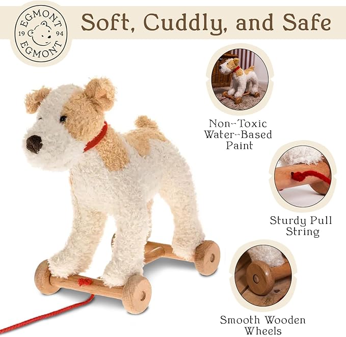 Egmont Toys Eliot Wooden Pull Dog – Montessori Toy for 1 Year Old, Plush Dog Pull Along Set on Wheels, Toddler Pull Puppy, Wooden Soft Plush for Boys and Girls, Educational Baby Drag Along Gift