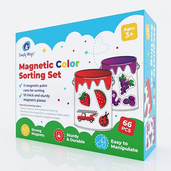 Simply magic 11 Jars Magnetic Color Sorting Set - Color Sorting Toys for Toddlers, Magnetic Shapes, Learning Colors Recognition Magnets, Colors Matching Games for Toddlers, Preschool Circle Time